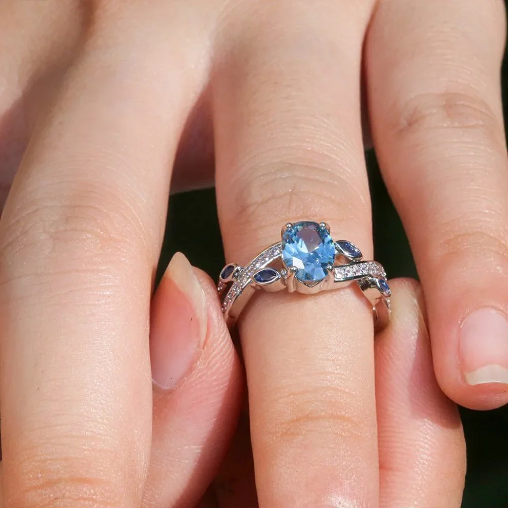 💎 Oval Royal Blue Gemstone Cross Vines Elegant Silver Ring for Women, VIP474